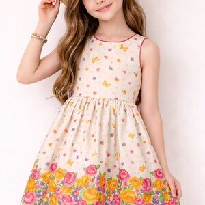 American Princess Cream Dress with Pink, Yellow & Purple Floral Border